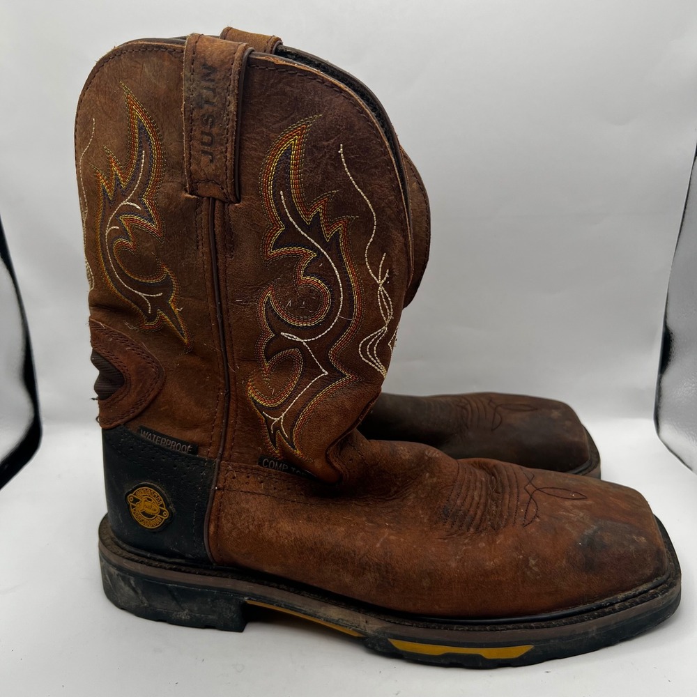 Justin Mens WK4625 Waterproof Composite Toe Western Work Boots Brown 9.5 D